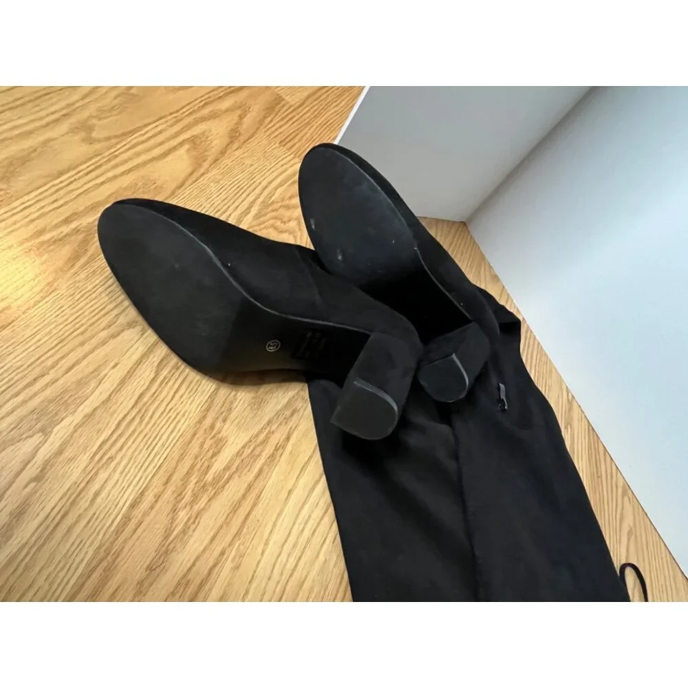 Over-The-Knee Black Suede Boots By Vepose Size 8 Block Heel Side Zipper & Tie Ba